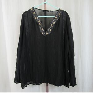 Separates By NYC Design Co. XL Black Crinkle Long Sleeve Blouse Beaded Sheer